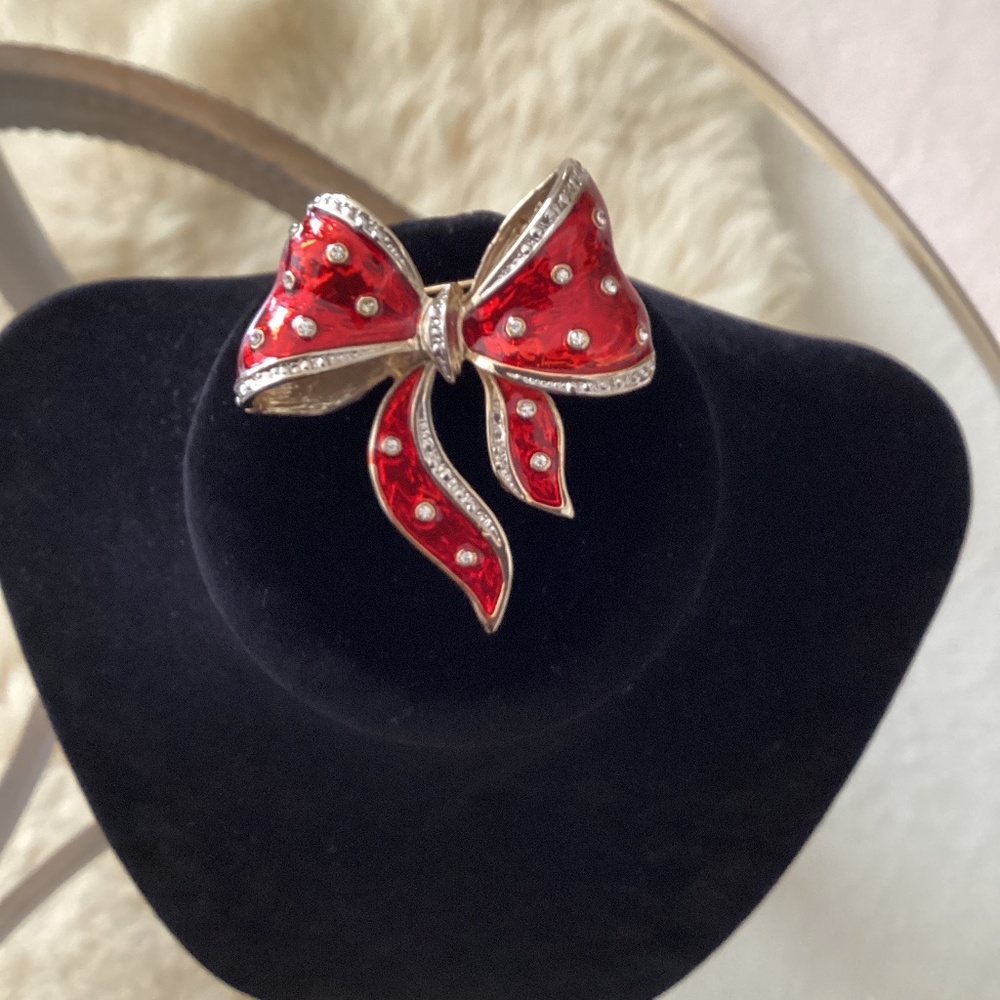 Pretty Red Enamel Bow Pin with Crystals